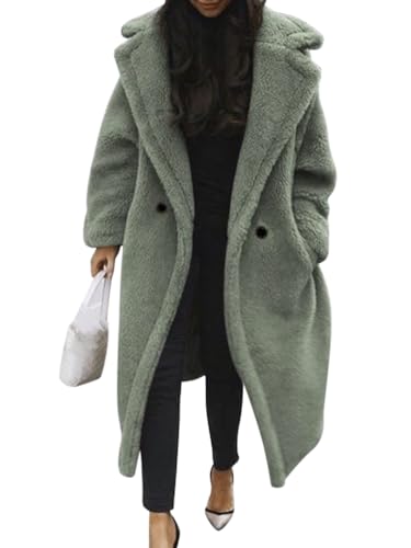 Minetom Damen Teddy Fleece Mantel Oversized Jacke Lang Flauschige Warme Winter Mit Taschen Winterjacke Revers Parka Plüschjacke Plüschmantel Cardigan Outwear A Grün 3XL von Minetom