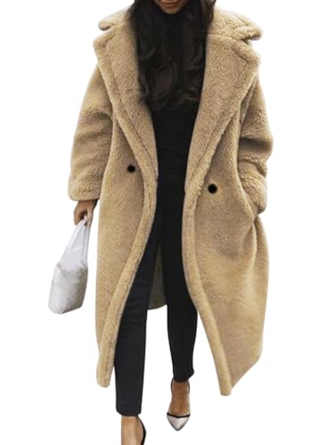 Minetom Damen Teddy Fleece Mantel Oversized Jacke Lang Flauschige Warme Winter Mit Taschen Winterjacke Revers Parka Plüschjacke Plüschmantel Cardigan Outwear A Khaki XS von Minetom
