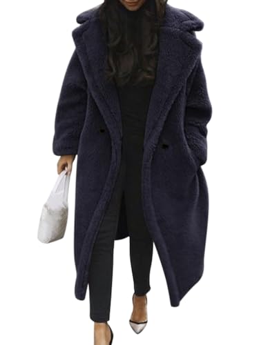 Minetom Damen Teddy Fleece Mantel Oversized Jacke Lang Flauschige Warme Winter Mit Taschen Winterjacke Revers Parka Plüschjacke Plüschmantel Cardigan Outwear A Marine XL von Minetom