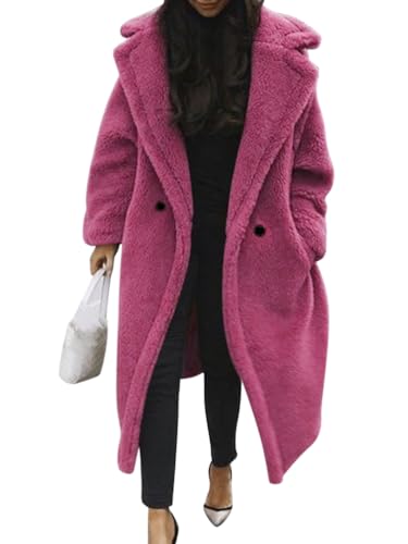 Minetom Damen Teddy Fleece Mantel Oversized Jacke Lang Flauschige Warme Winter Mit Taschen Winterjacke Revers Parka Plüschjacke Plüschmantel Cardigan Outwear A Rosa Rot 3XL von Minetom