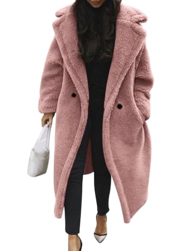 Minetom Damen Teddy Fleece Mantel Oversized Jacke Lang Flauschige Warme Winter Mit Taschen Winterjacke Revers Parka Plüschjacke Plüschmantel Cardigan Outwear A Rosa S von Minetom