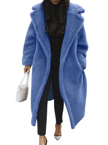 Minetom Damen Teddy Fleece Mantel Oversized Jacke Lang Flauschige Warme Winter Mit Taschen Winterjacke Revers Parka Plüschjacke Plüschmantel Cardigan Outwear B Blau M von Minetom