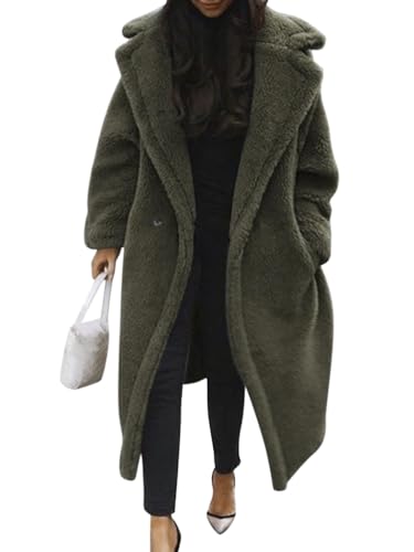 Minetom Damen Teddy Fleece Mantel Oversized Jacke Lang Flauschige Warme Winter Mit Taschen Winterjacke Revers Parka Plüschjacke Plüschmantel Cardigan Outwear B Dunkelgrün XS von Minetom