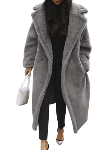 Minetom Damen Teddy Fleece Mantel Oversized Jacke Lang Flauschige Warme Winter Mit Taschen Winterjacke Revers Parka Plüschjacke Plüschmantel Cardigan Outwear B Grau XS von Minetom