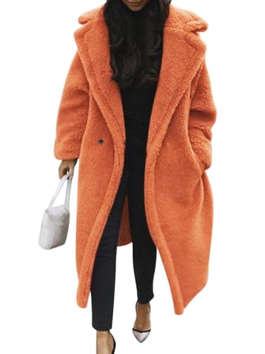 Minetom Damen Teddy Fleece Mantel Oversized Jacke Lang Flauschige Warme Winter Mit Taschen Winterjacke Revers Parka Plüschjacke Plüschmantel Cardigan Outwear B Orange L von Minetom