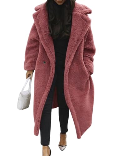 Minetom Damen Teddy Fleece Mantel Oversized Jacke Lang Flauschige Warme Winter Mit Taschen Winterjacke Revers Parka Plüschjacke Plüschmantel Cardigan Outwear B Rosa Rot S von Minetom