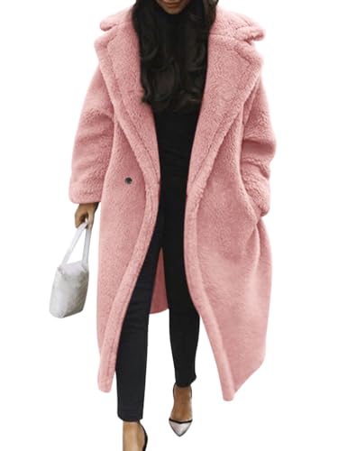 Minetom Damen Teddy Fleece Mantel Oversized Jacke Lang Flauschige Warme Winter Mit Taschen Winterjacke Revers Parka Plüschjacke Plüschmantel Cardigan Outwear B Rosa S von Minetom