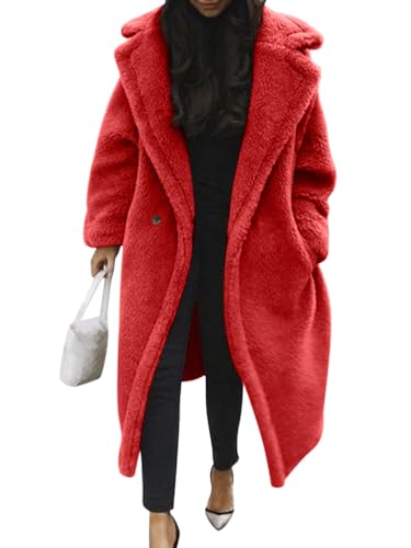 Minetom Damen Teddy Fleece Mantel Oversized Jacke Lang Flauschige Warme Winter Mit Taschen Winterjacke Revers Parka Plüschjacke Plüschmantel Cardigan Outwear B Rot L von Minetom