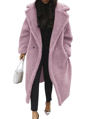 Minetom Damen Teddy Fleece Mantel Oversized Jacke Lang Flauschige Warme Winter Mit Taschen Winterjacke Revers Parka Plüschjacke Plüschmantel Cardigan Outwear B Violett M von Minetom