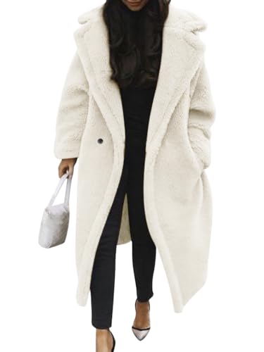 Minetom Damen Teddy Fleece Mantel Oversized Jacke Lang Flauschige Warme Winter Mit Taschen Winterjacke Revers Parka Plüschjacke Plüschmantel Cardigan Outwear B Weiß L von Minetom
