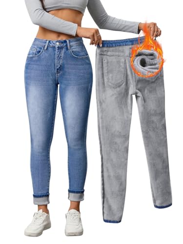 Minetom Damen Thermo Jeans Winter Fleece Gefütterte Jeans Slim Fit Warm Skinny High Waist Denim Thermojeans Mit Innenfleece Thermohose A Blau M von Minetom