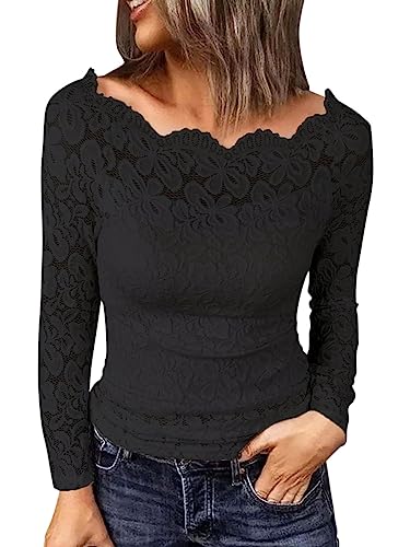 Minetom Damen Top Spitzen Schulterfrei Bluse Elegant Oberteile Basic Langarm T Shirt Lace Langarmshirt Slim Fit Pullover Spitzentop A Schwarz XXL von Minetom