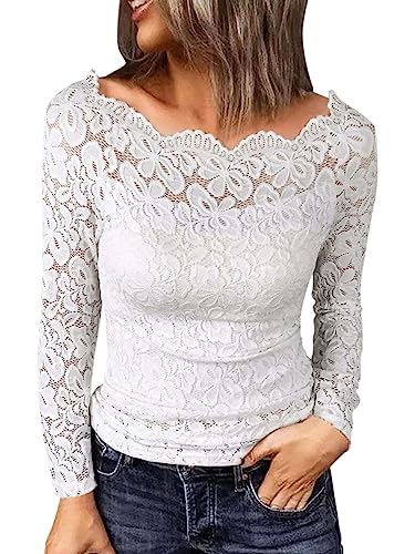 Minetom Damen Top Spitzen Schulterfrei Bluse Elegant Oberteile Basic Langarm T Shirt Lace Langarmshirt Slim Fit Pullover Spitzentop A Weiß XL von Minetom