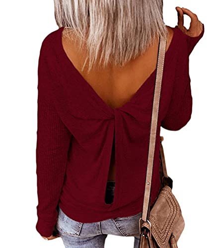 Minetom Damen Tops Oberteil Bluse Party Pullover Frühjahr Rundhals Langarm Bluse Rückenfrei Loose T Shirt B Rot 42 von Minetom