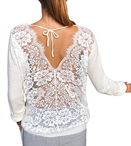Minetom Damen Tops Oberteil Bluse Party Pullover Frühjahr Rundhals Langarm Bluse Rückenfrei Loose T Shirt D Weiß 42 von Minetom