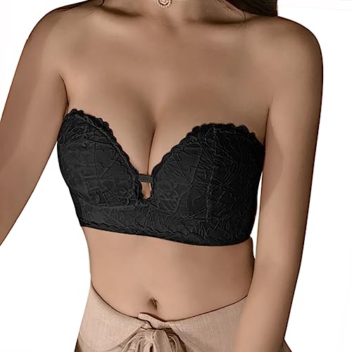 Minetom Damen Trägerloser Gepolster BH Atmungsaktiv Stretch Ohne Träger Ohne Bügel Bra Frauen Frontverschluss Tube Top Push Up Lingerie Bralette Bandeau C Schwarz S von Minetom