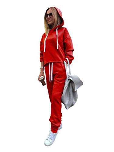 Minetom Damen Trainingsanzug Mode 2 Stück Set Frauen Sportanzug Perlen Hoodie mit Kapuze Kapuzenpullover Sweatshirt + Lange Hose Jogginganzug Sportswear Sport Yoga Outfit A Rot 38 von Minetom