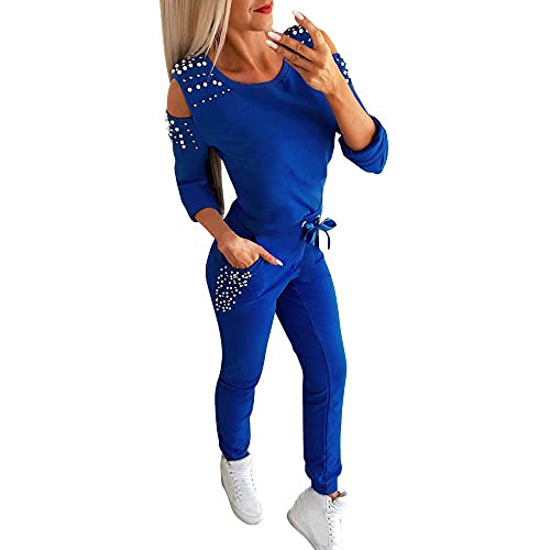 Minetom Damen Trainingsanzug Mode 2 Stück Set Frauen Sportanzug Perlen Hoodie mit Kapuze Kapuzenpullover Sweatshirt + Lange Hose Jogginganzug Sportswear Sport Yoga Outfit Blau 36 von Minetom
