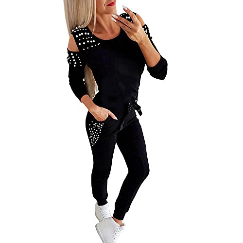 Minetom Damen Trainingsanzug Mode 2 Stück Set Frauen Sportanzug Perlen Hoodie mit Kapuze Kapuzenpullover Sweatshirt + Lange Hose Jogginganzug Sportswear Sport Yoga Outfit Schwarz 36 von Minetom