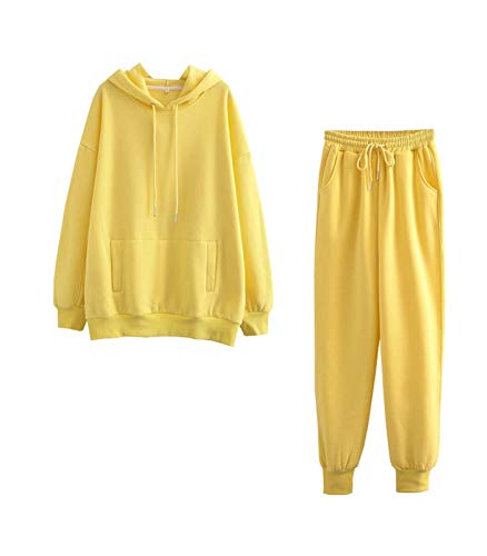 Minetom Damen Trainingsanzug Winter Kapuzenpullover Sweatshirt Lange Hose Zweiteiler Jogginganzug Sportanzug mit Warm Gefüttert Taschen 2 Stück Set Hoodie Gelb 34 von Minetom