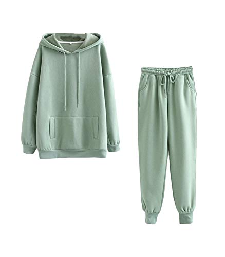 Minetom Damen Trainingsanzug Winter Kapuzenpullover Sweatshirt Lange Hose Zweiteiler Jogginganzug Sportanzug mit Warm Gefüttert Taschen 2 Stück Set Hoodie Grün 38 von Minetom