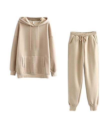 Minetom Damen Trainingsanzug Winter Kapuzenpullover Sweatshirt Lange Hose Zweiteiler Jogginganzug Sportanzug mit Warm Gefüttert Taschen 2 Stück Set Hoodie Khaki 44 von Minetom