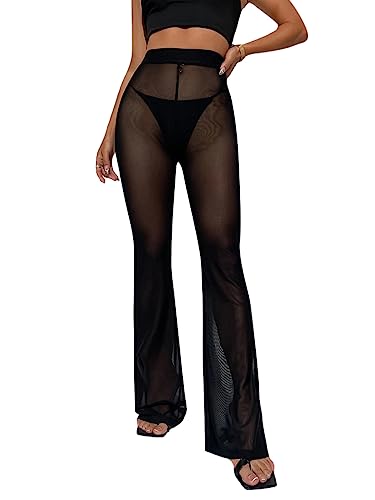 Minetom Damen Transparent Schlaghose Yogahose Elastischer Bund Mesh Lange Hosen Hohe Taille Strandhose Bikinihosen Cover Up A Schwarz XS von Minetom