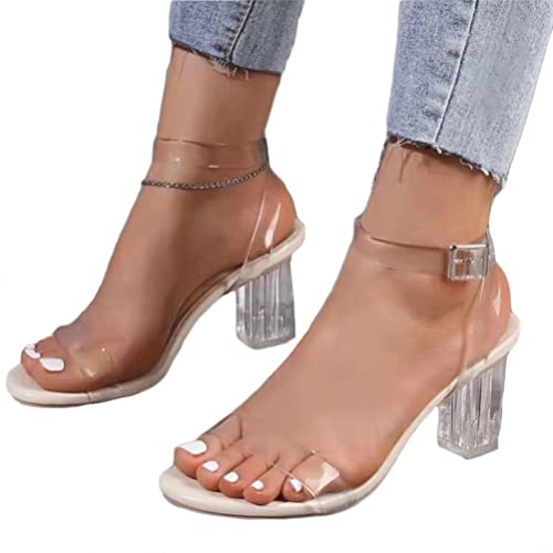 Minetom Damen Transparente Offene Sandalen High Heels Knöchelriemchen Sandaletten Peep Toe Sommersandalen mit Blockabsatz A Beige 38 EU von Minetom