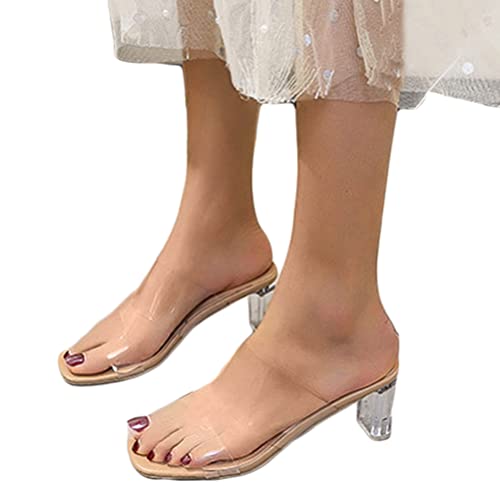 Minetom Damen Transparente Offene Sandalen High Heels Sandaletten Peep Toe Schuhe Slip on Hausschuhe Pantoffeln mit Blockabsatz C Aprikose 7cm Absatz 36 EU von Minetom