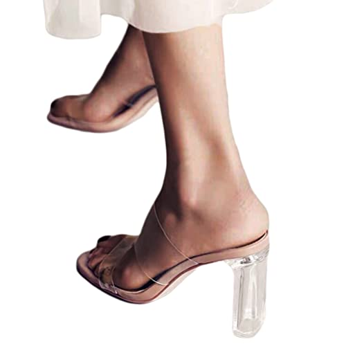 Minetom Damen Transparente Offene Sandalen High Heels Sandaletten Peep Toe Schuhe Slip on Hausschuhe Pantoffeln mit Blockabsatz C Aprikose 9cm Absatz 35 EU von Minetom