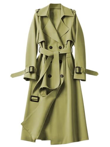 Minetom Damen Trenchcoat Zweireiher Langer Mantel Jacke Wintermantel Elegant Einfarbig Revers Knöpfe Windbreaker Übergangsmantel mit Gürtel A Dunkelgrün XL von Minetom
