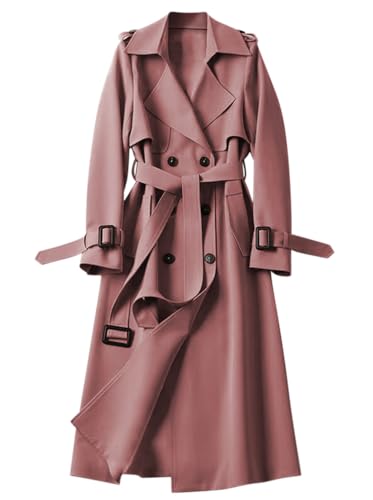 Minetom Damen Trenchcoat Zweireiher Langer Mantel Jacke Wintermantel Elegant Einfarbig Revers Knöpfe Windbreaker Übergangsmantel mit Gürtel A Rosa M von Minetom