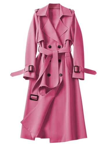 Minetom Damen Trenchcoat Zweireiher Langer Mantel Jacke Wintermantel Elegant Einfarbig Revers Knöpfe Windbreaker Übergangsmantel mit Gürtel A Rose S von Minetom
