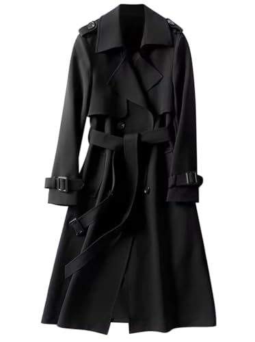 Minetom Damen Trenchcoat Zweireiher Langer Mantel Jacke Wintermantel Elegant Einfarbig Revers Knöpfe Windbreaker Übergangsmantel mit Gürtel A Schwarz XS von Minetom