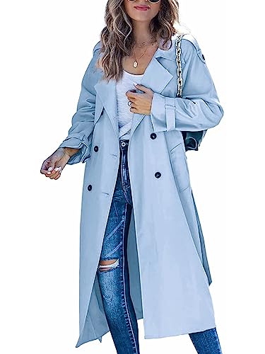 Minetom Damen Trenchcoat Zweireiher Langer Mantel Klassische Herbst Frühling Jacke Winddichter Mantel B Blau 02 M von Minetom