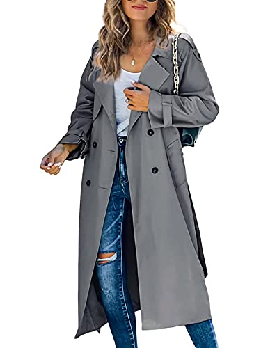 Minetom Damen Trenchcoat Zweireiher Langer Mantel Klassische Herbst Frühling Jacke Winddichter Mantel B Grau M von Minetom