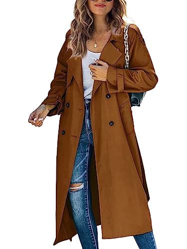 Minetom Damen Trenchcoat Zweireiher Langer Mantel Übergangsjacke Klassische Herbst Frühling Jacke Winddichter Übergangsmantel B Braun S von Minetom