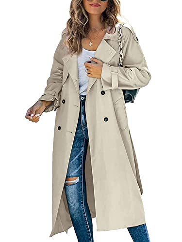 Minetom Damen Trenchcoat Zweireiher Langer Mantel Übergangsjacke Klassische Herbst Frühling Jacke Winddichter Übergangsmantel B Khaki XS von Minetom