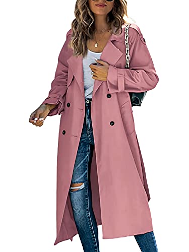 Minetom Damen Trenchcoat Zweireiher Langer Mantel Übergangsjacke Klassische Herbst Frühling Jacke Winddichter Übergangsmantel B Rosa XS von Minetom
