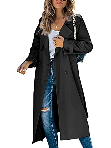 Minetom Damen Trenchcoat Zweireiher Langer Mantel Übergangsjacke Klassische Herbst Frühling Jacke Winddichter Übergangsmantel B Schwarz S von Minetom