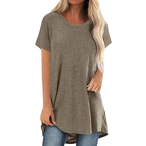 Minetom Damen Tshirt Kurzarm Sommer Kurzarm Lässig Oberteil Elegant Einfarbig Casual Sommer Tshirt Modern Locker Basic Atmungsaktiv Bluse Shirt Tops Damenshirt Sweatshirt Khaki L von Minetom