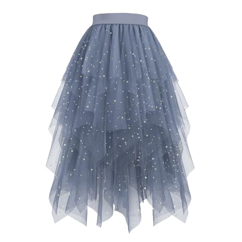 Minetom Damen Tüll Röcke High Low Layered Puffy Fee Röcke A-Linie Midi Rock Unregelmäßiger Tutu Rock Abschlussball Party Rock B Grau XXL von Minetom