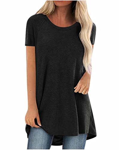 Minetom Damen Tunika Top Kurzarm Oberteile Einfarbig Lang Pullover Oversize Longshirt Hemd Lose Bluse T-Shirt H Schwarz L von Minetom