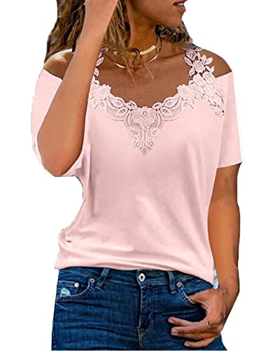 Minetom Damen Tunika Tops mit Spitzen Elegant Shirts V-Ausschnitt Spitzenshirt Oberteile Top Sommer Sexy Kalte Schulter T-Shirt A Rosa 3XL z von Minetom