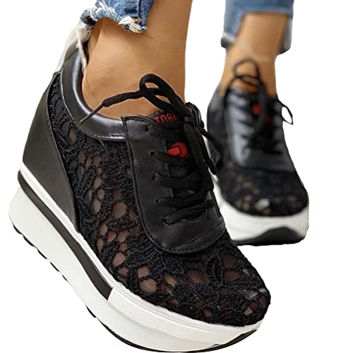 Minetom Damen Turnschuhe Atmungsaktiv Mesh Freizeitschuhe Leicht Sportschuhe Strass Blumen Plateau Walkingschuhe Laufschuhe mit Keilabsatz Sneaker Schnürschuhe C Schwarz 35 EU von Minetom