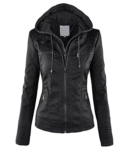 Minetom Damen Übergangsjacke Winter Kunstlederjacke Kapuzenmäntel Biker Style mit Kapuzen Damenjacke Schwarz DE 38 von Minetom