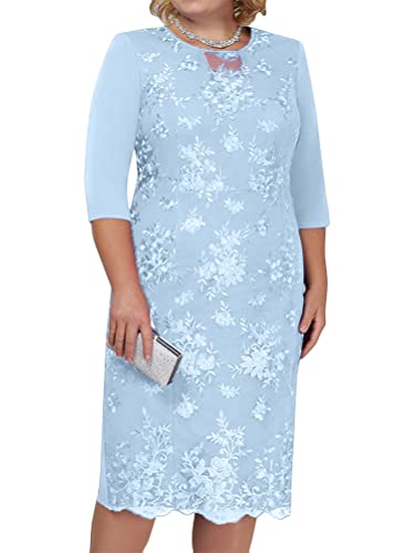 Minetom Damen Übergröße Spitze Kleid 3/4 Ärmel Loose Abend Cocktailkleid Knielang Retro Party Abendkleider Rockabilly Kleid Spitzenkleid C Blau XXL von Minetom