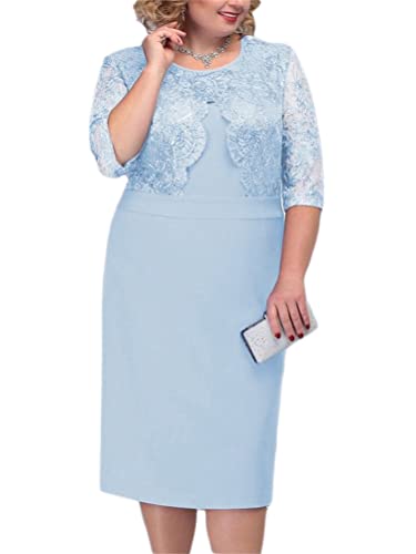 Minetom Damen Übergröße Spitze Kleid 3/4 Ärmel Loose Abend Cocktailkleid Knielang Retro Party Abendkleider Rockabilly Kleid Spitzenkleid D Blau XXL von Minetom