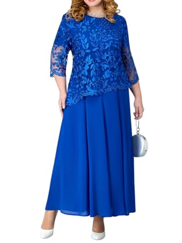 Minetom Damen Übergröße Spitze Kleid 3/4 Ärmel Loose Abend Cocktailkleid Knielang Retro Party Abendkleider Rockabilly Kleid Spitzenkleid F Blau L von Minetom