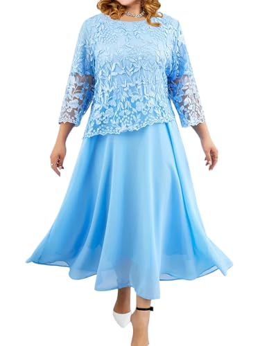 Minetom Damen Übergröße Spitze Kleid 3/4 Ärmel Loose Abend Cocktailkleid Knielang Retro Party Abendkleider Rockabilly Kleid Spitzenkleid F Hellblau 3XL von Minetom